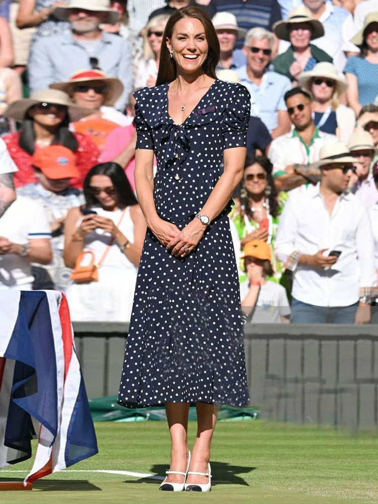 Kate Middleton Navy Blue Polka Dot Puff Sleeve V Neck Midi Dress