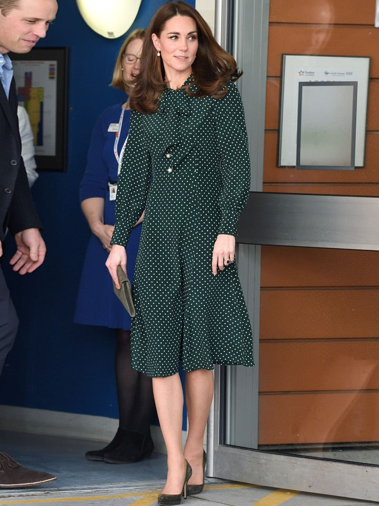 Kate Middleton Emerald Green Polka Dot Pussy Bow Fit Flare Dress Mortimer