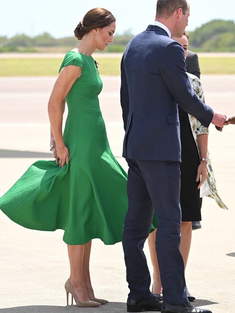 Kate Middleton Apple Green Summer Fit Flare Midi Dress Wimbledon Style