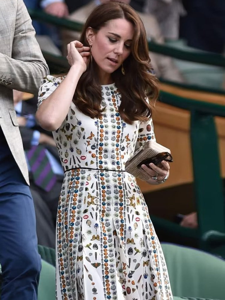 Kate Middleton Jewel Print White Summer Fit Flare Dress