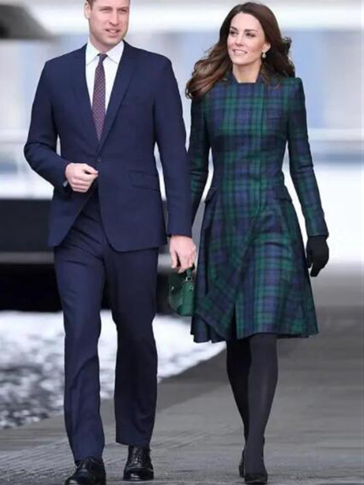 Kate Middleton Tartan Fit Flare Dress Blackwatch Navy Blue Green Check Plaid Pattern Dress