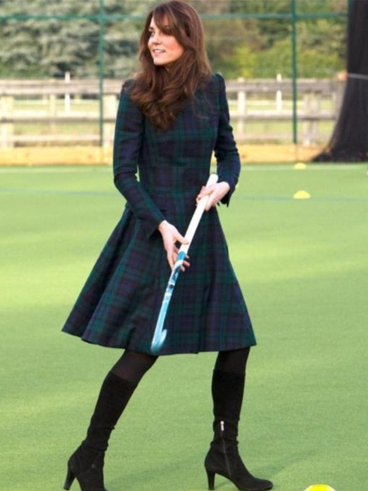 Kate Middleton Tartan Fit Flare Dress Blackwatch Navy Blue Green Check Plaid Pattern Dress