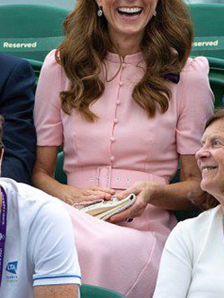 Kate Middleton Pale Pink Midi Fit Flare Belted Dress Wimbledon Occasion Dress