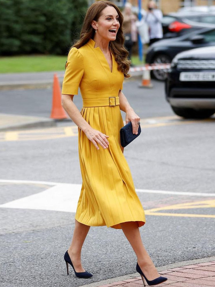 Kate Middleton Yellow Ochre Structured Crepe Pleated Belted Midi Dress