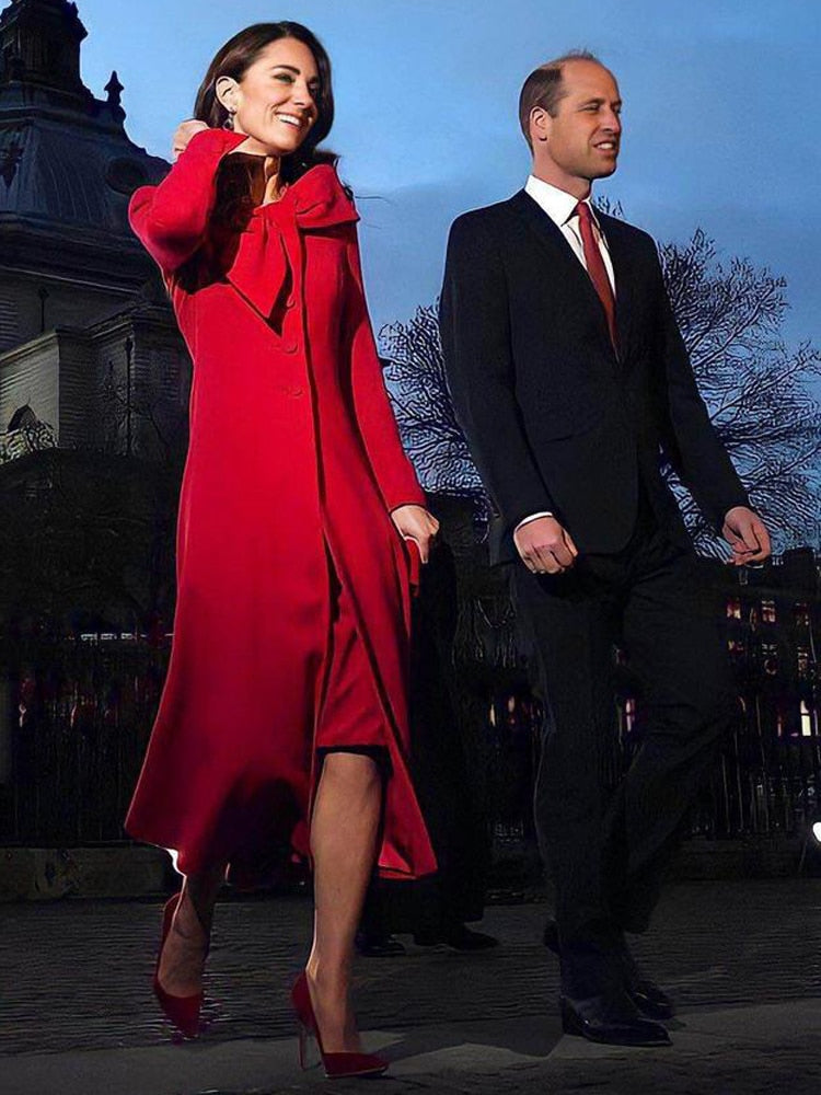 Kate Middleton Red Bow Neck Midi Long Red Coat Dress