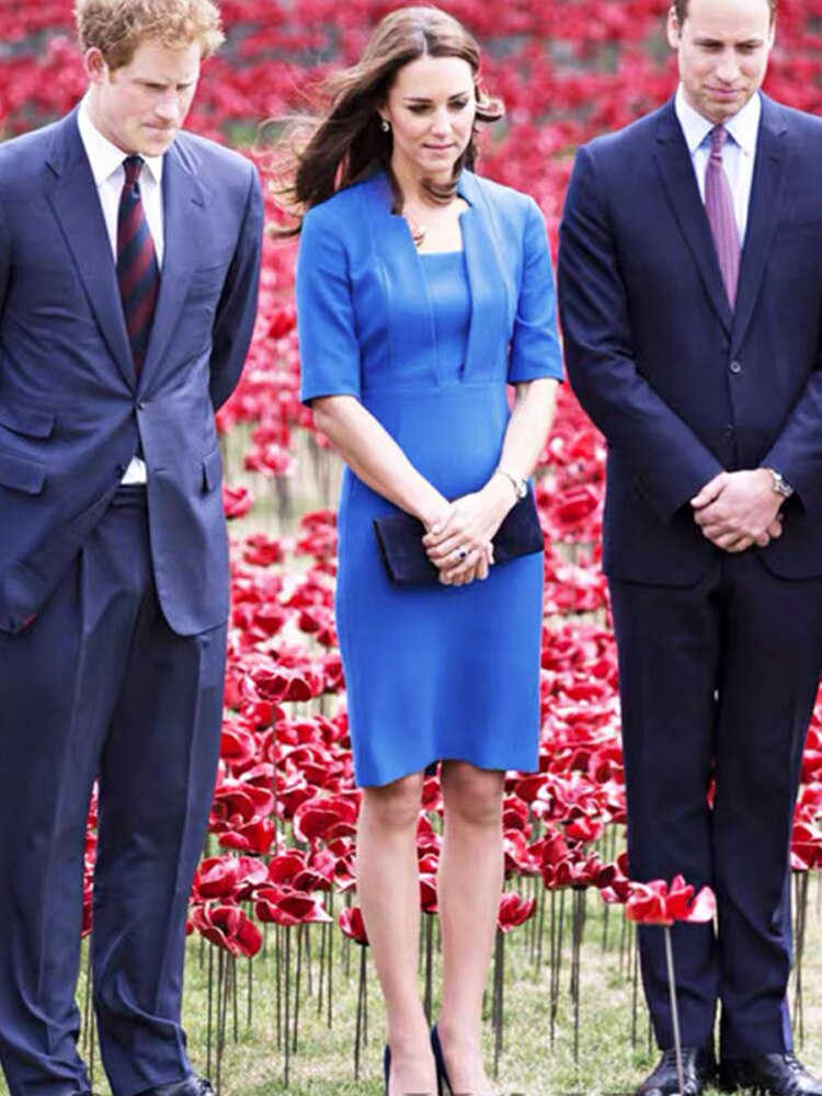 Kate Middleton Royal Blue Pencil Dress Square Neck