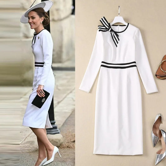Kate Middleton White Pencil Dress Monochrome Bow