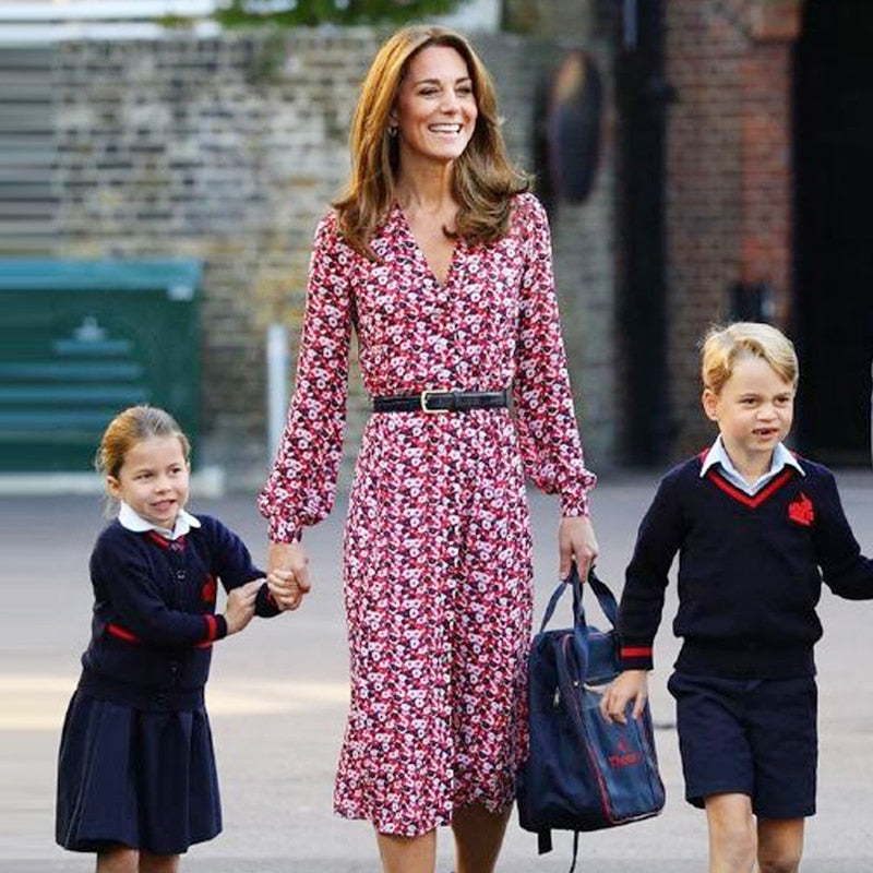 Kate Middleton Red Blue Ditsy Floral Midi Dress