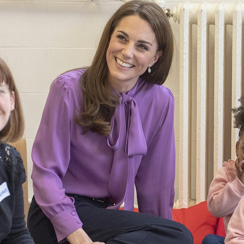 Kate Middleton Purple Chiffon Pussy Bow Blouse