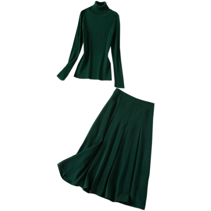 Kate Middleton Dark Forest Green Turtleneck Sweater and Pleated Midi Skirt Outfit