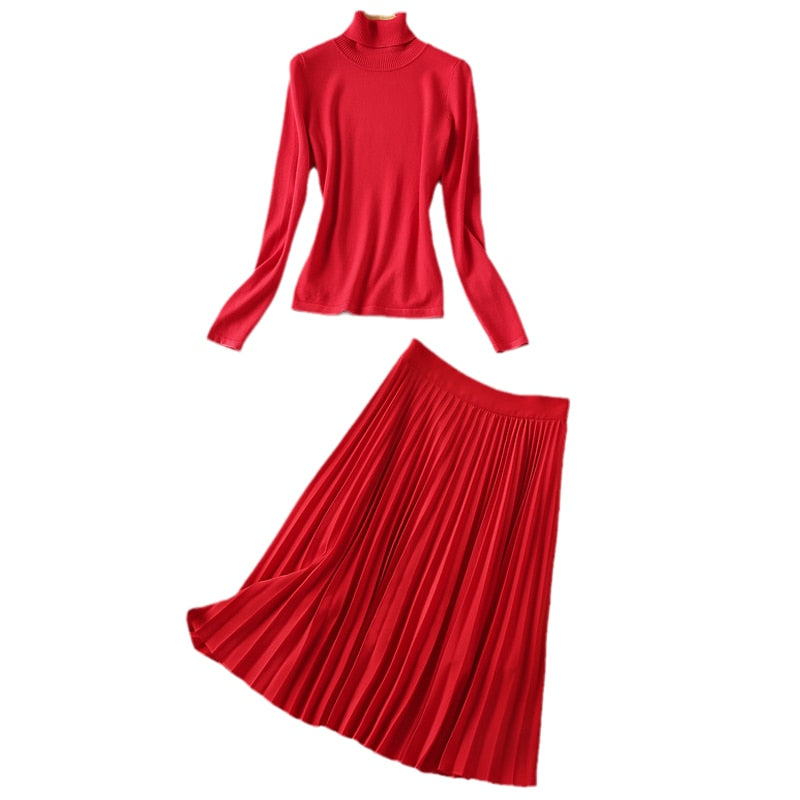 Kate Middleton Red Turtleneck Sweater & Pleated Midi Skirt Outfit