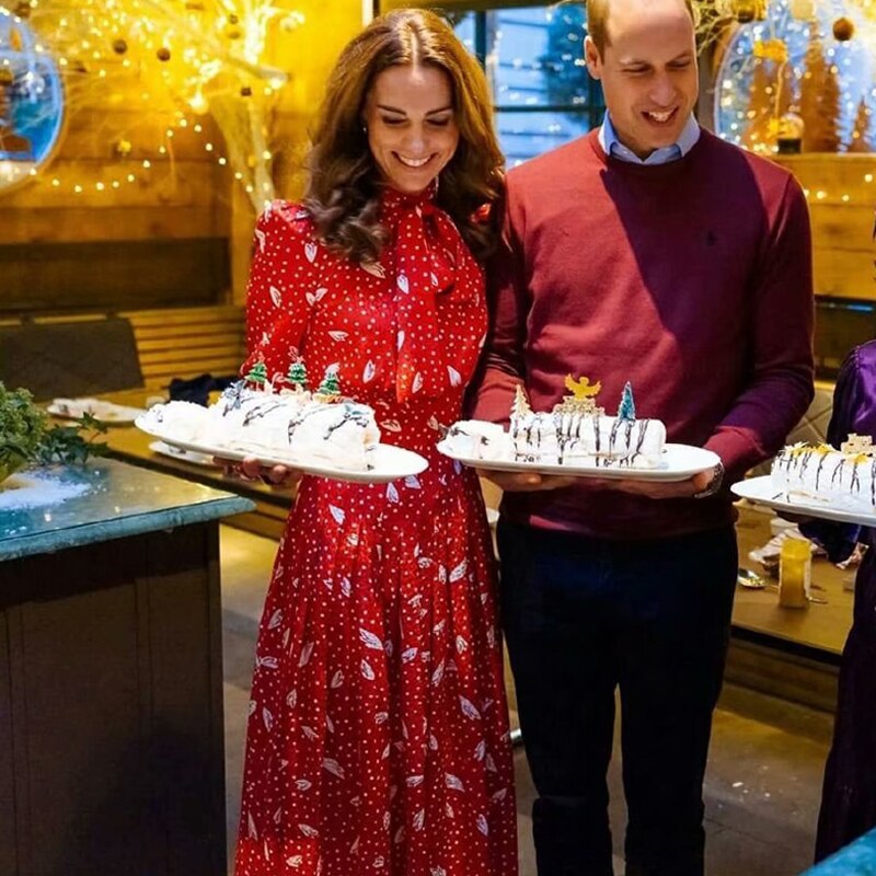 Kate Middleton Christmas Party Red Pussy Bow Midi Dress