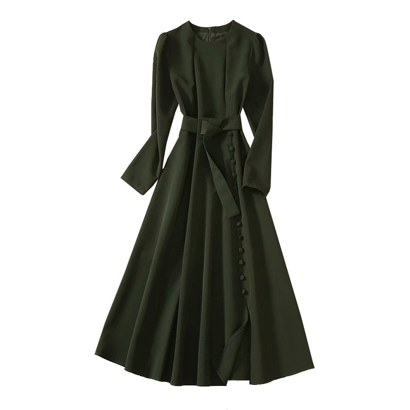 Kate Middleton Dark Forest Green Autumn Winter Fit Flare Long Sleeve Midi Dress