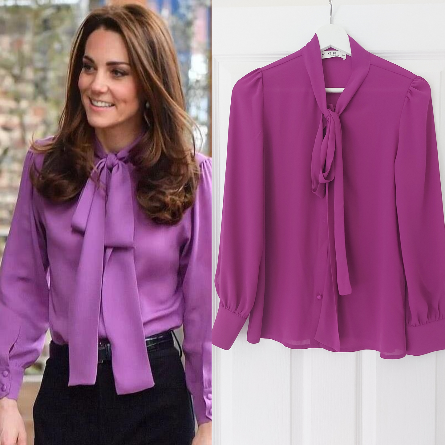 Kate Middleton Purple Chiffon Pussy Bow Blouse