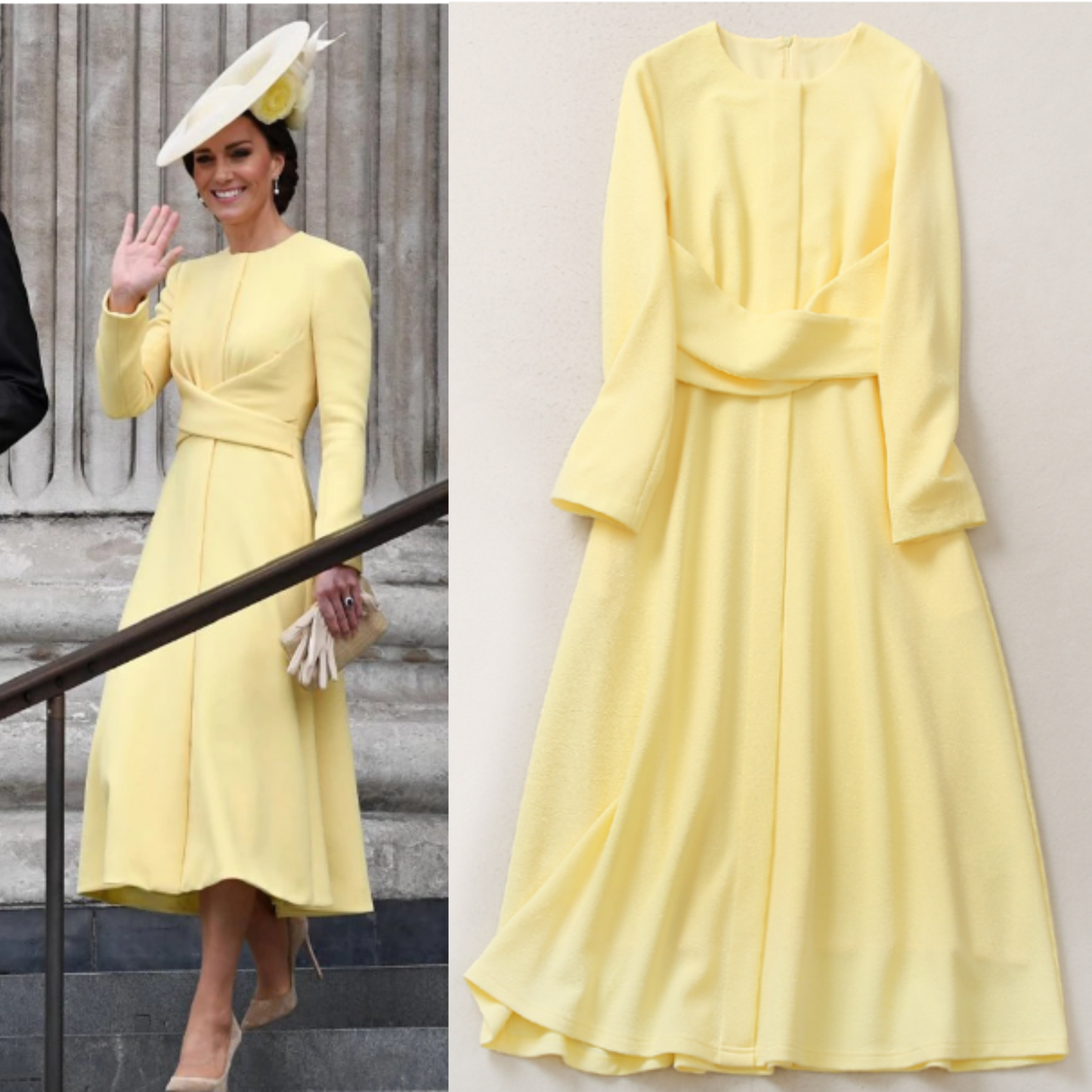 Kate Middleton Jubilee Yellow Midi Dress Lemon Occasion Long Sleeve Dress