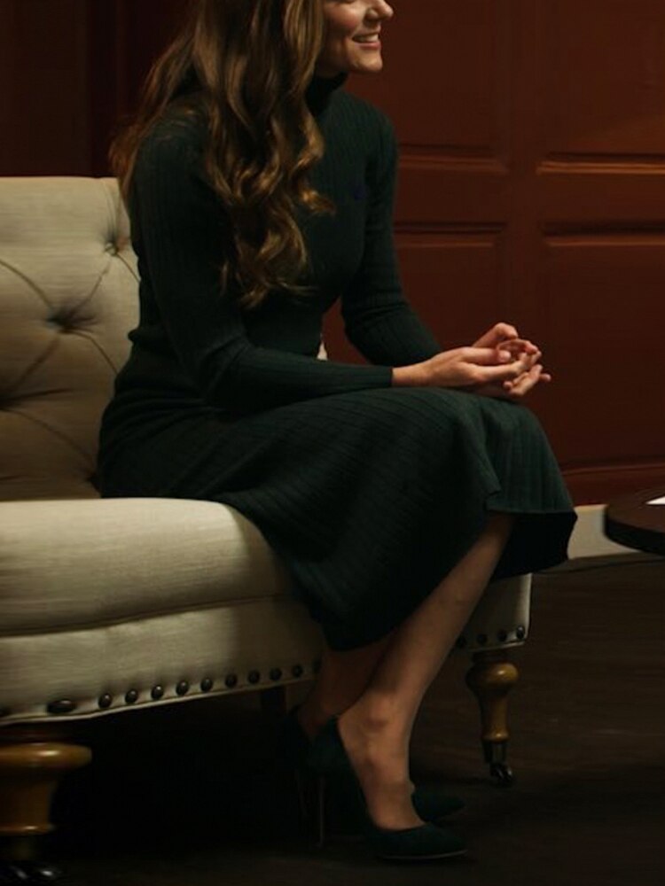 Kate Middleton Dark Forest Green Turtleneck Sweater and Pleated Midi Skirt Outfit