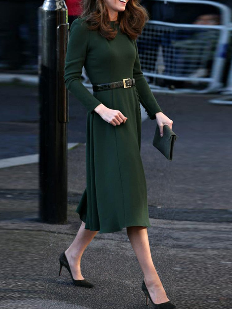 Kate Middleton Dark Forest Green Autumn Winter Fit Flare Long Sleeve Midi Dress