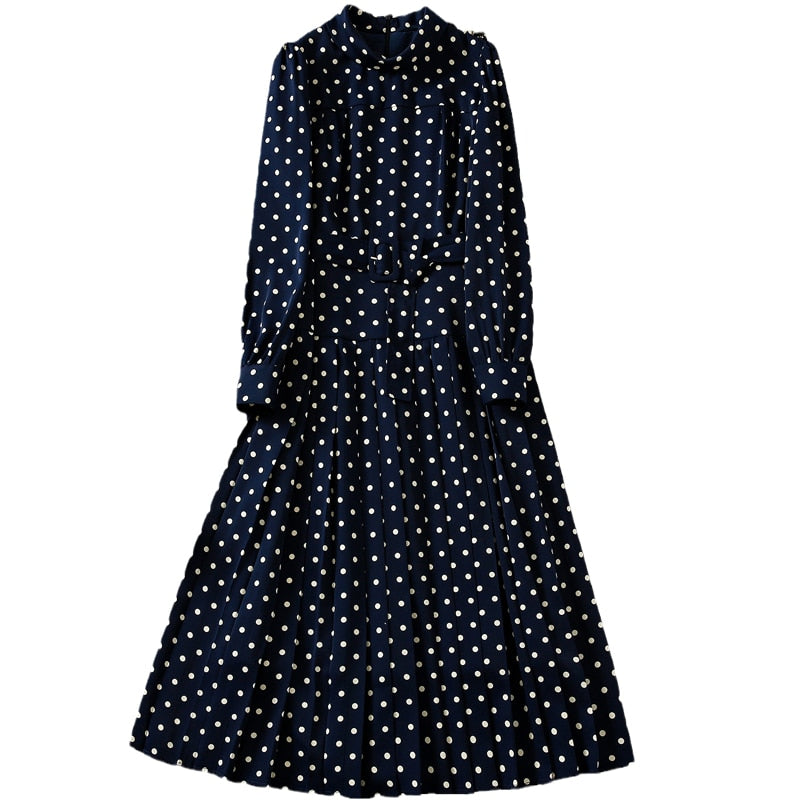 Kate Middleton Navy Blue Polka Dot Vintage Midi Pleated Dress Funeral Occasion Dress