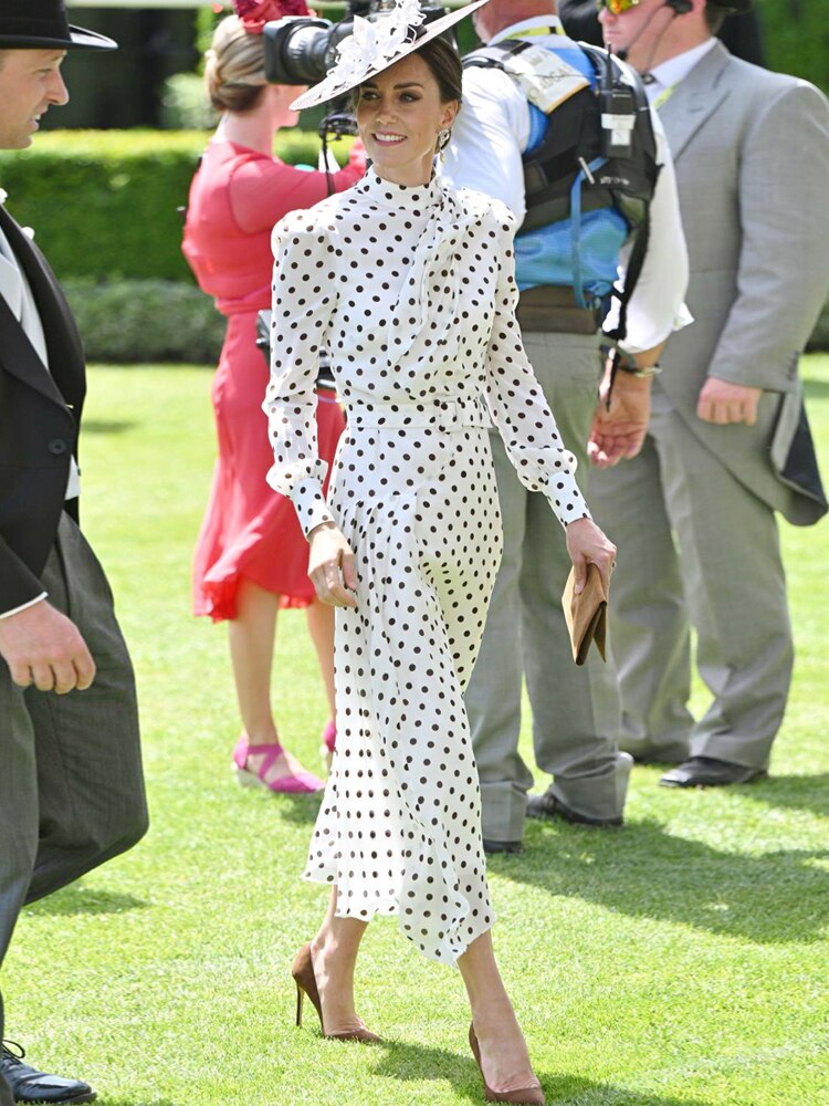 Kate Middleton Ascot Style White Black Polka Dot Midi Dress