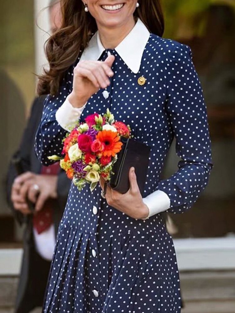 Kate Middleton Retro Polka Dot Shirt Midi Dress White Collar Dress