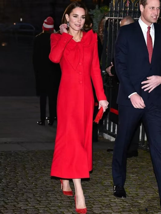 Kate Middleton Red Bow Neck Midi Long Red Coat Dress