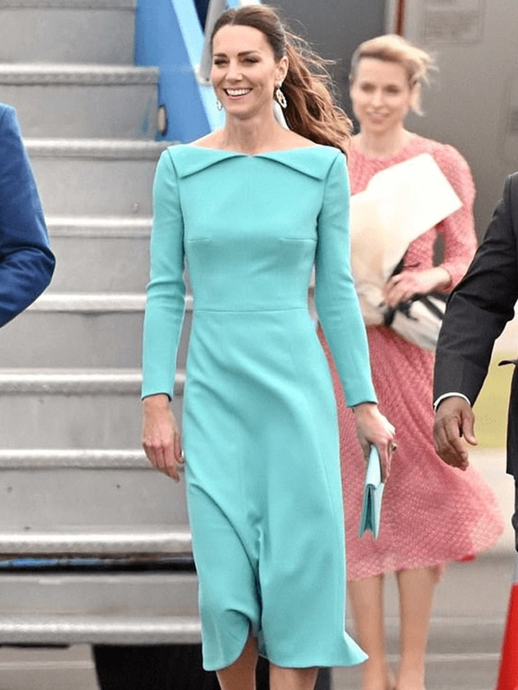 Kate Middleton Aquamarine Turquoise Midi Royal Tour Dress The Bahamas