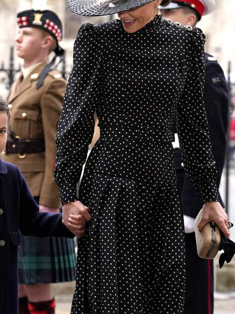 Kate Middleton Navy Blue Polka Dot Vintage Midi Pleated Dress Funeral Occasion Dress