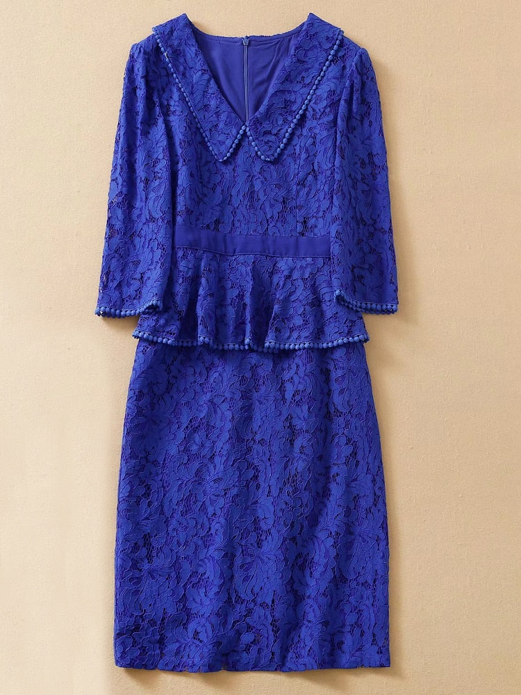 Kate Middleton Royal Blue Lace Peplum Pencil Dress V Neck Dress