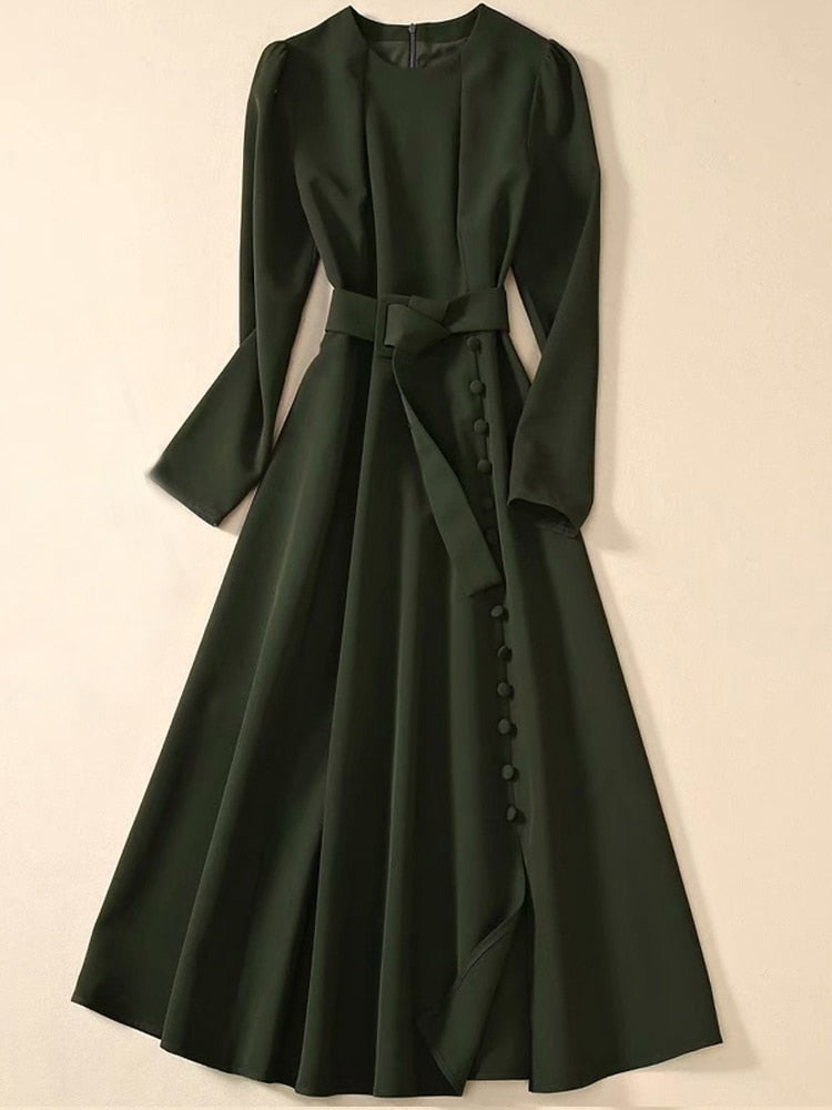 Kate Middleton Dark Forest Green Autumn Winter Fit Flare Long Sleeve Midi Dress