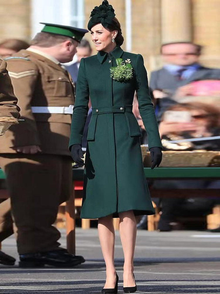 Kate Middleton Dark Green Coat Dress Military Trench Coat St Patrick's Day Outfit