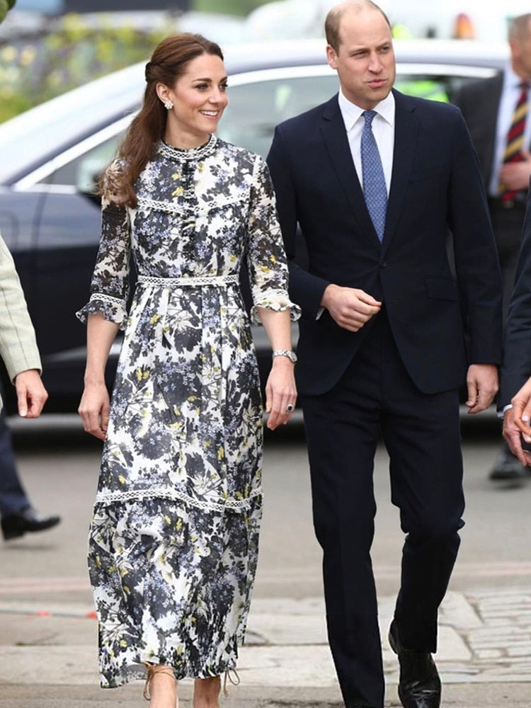 Kate Middleton Floral Maxi Dress Spring Summer Bohemian Garden Party Midi Dress