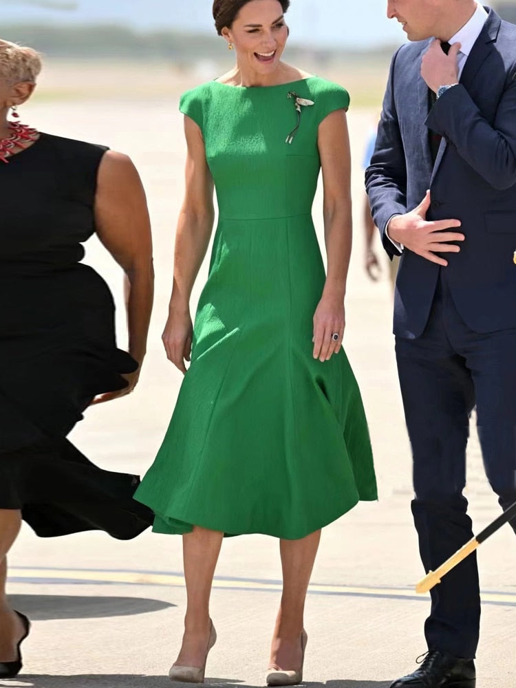 Kate Middleton Apple Green Summer Fit Flare Midi Dress Wimbledon Style