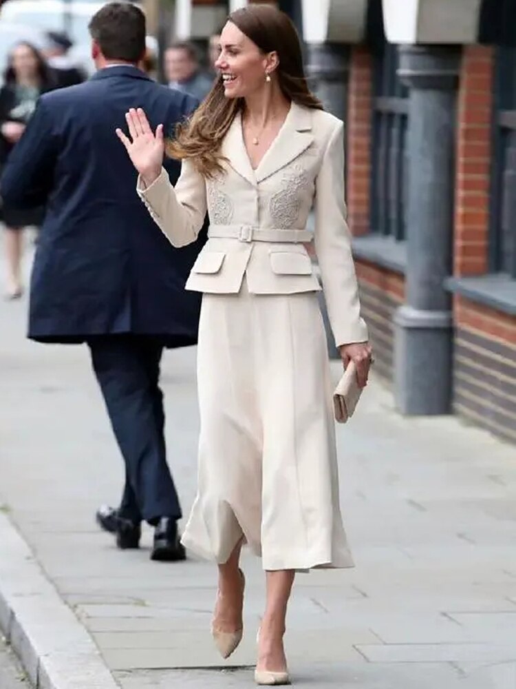 Kate Middleton Cream Embroidered Blazer and Skirt Suit