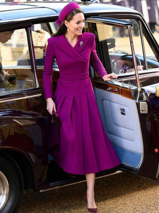 Kate Middleton Purple Coat Style Pleated Dress