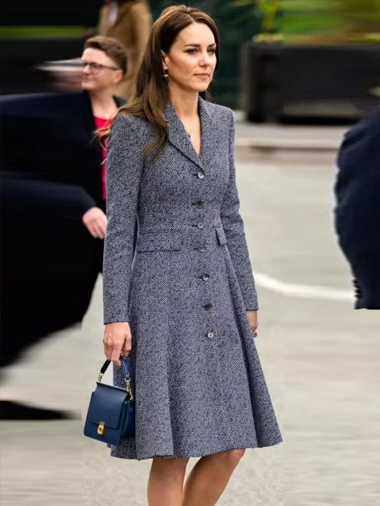 Kate Middleton Winter Tweed Fit Flare Coat Dress Dark Grey