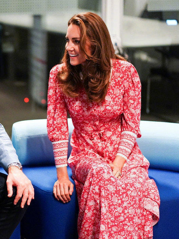 Kate Middleton Pink Floral Long Sleeve Shirt Midi Dress