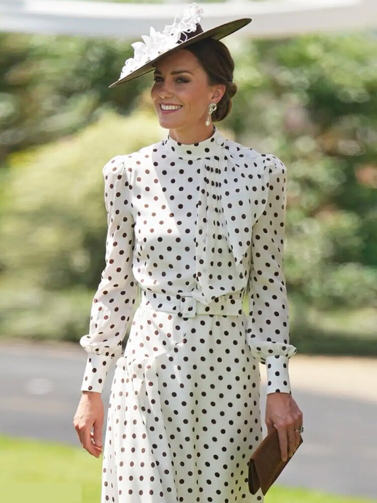 Kate Middleton Ascot Style White Black Polka Dot Midi Dress