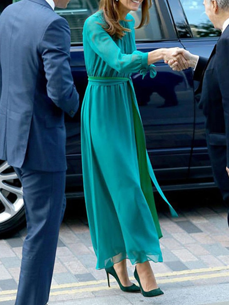 Kate Middleton Turquoise Teal Blue Midi Maxi Occasion Evening Dress