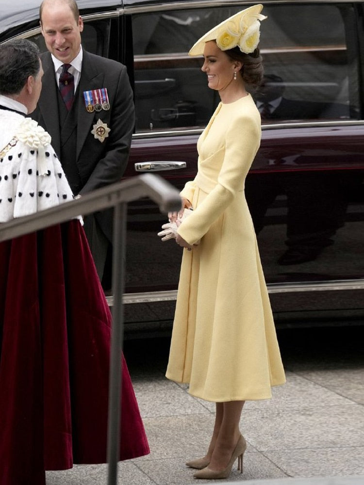 Kate Middleton Jubilee Yellow Midi Dress Lemon Occasion Long Sleeve Dress