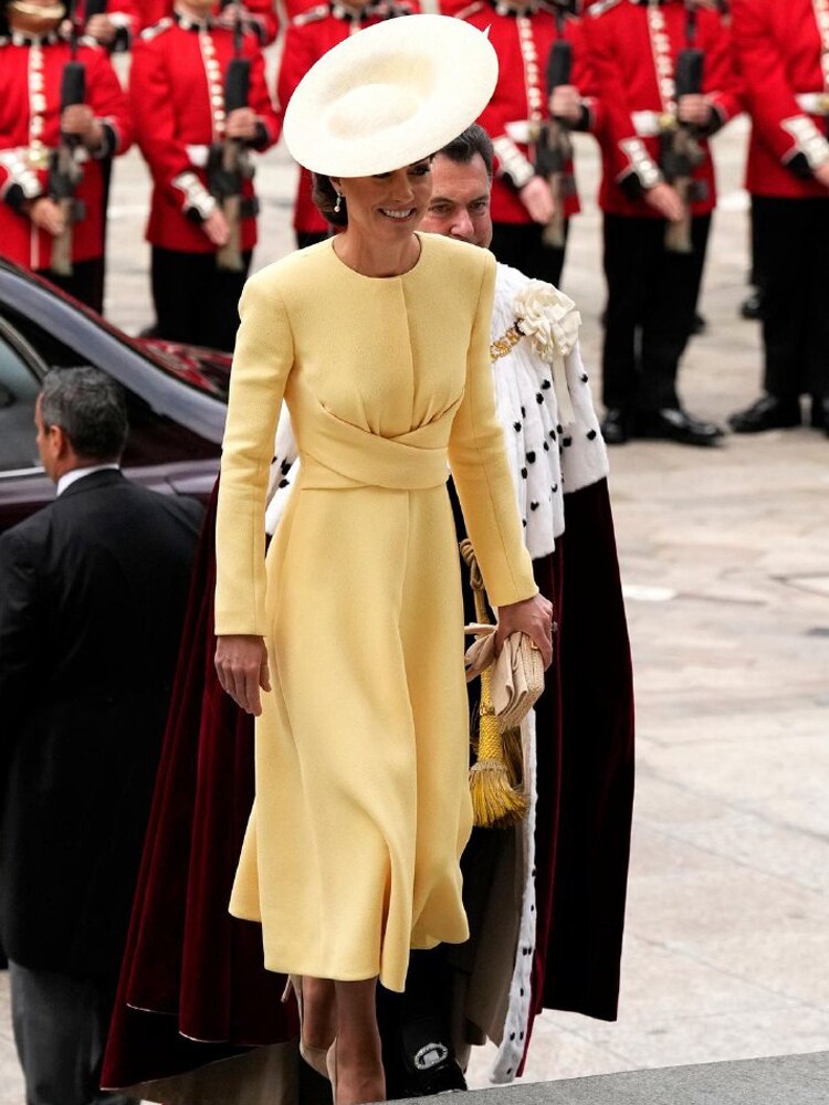 Kate Middleton Jubilee Yellow Midi Dress Lemon Occasion Long Sleeve Dress