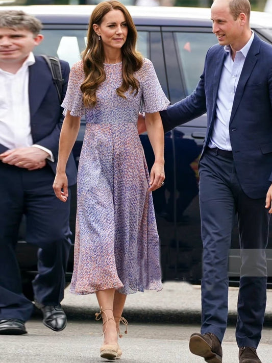 Kate Middleton Chiffon Summer Lavender Blue Print Midi Party Dress