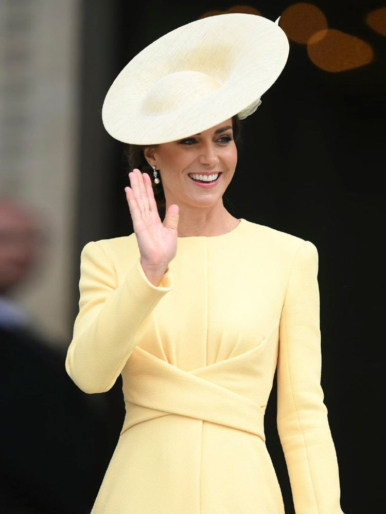 Kate Middleton Jubilee Yellow Midi Dress Lemon Occasion Long Sleeve Dress