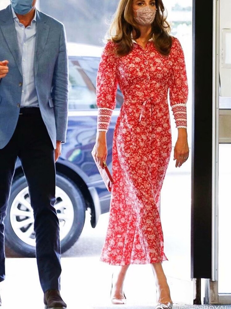 Kate Middleton Pink Floral Long Sleeve Shirt Midi Dress