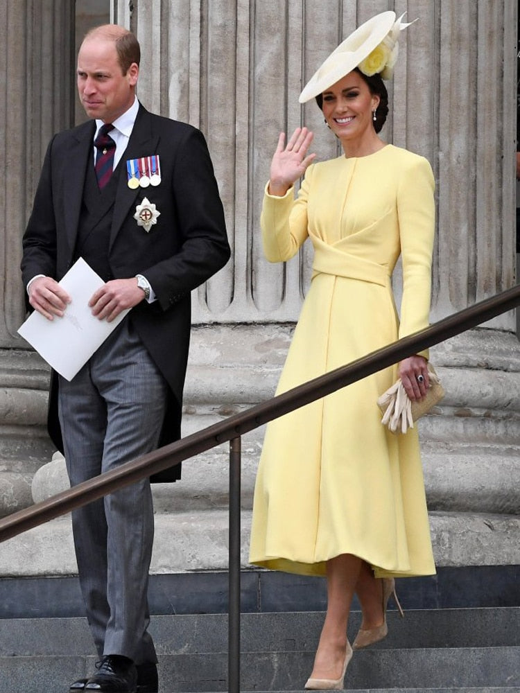 Kate Middleton Jubilee Yellow Midi Dress Lemon Occasion Long Sleeve Dress