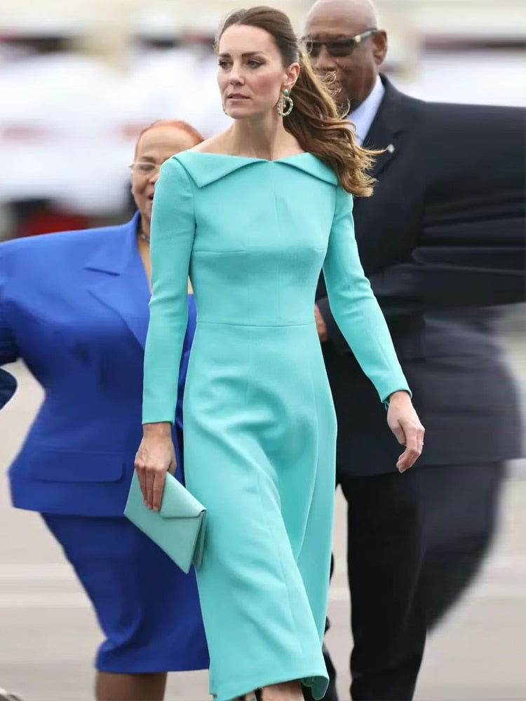 Kate Middleton Aquamarine Turquoise Midi Royal Tour Dress The Bahamas