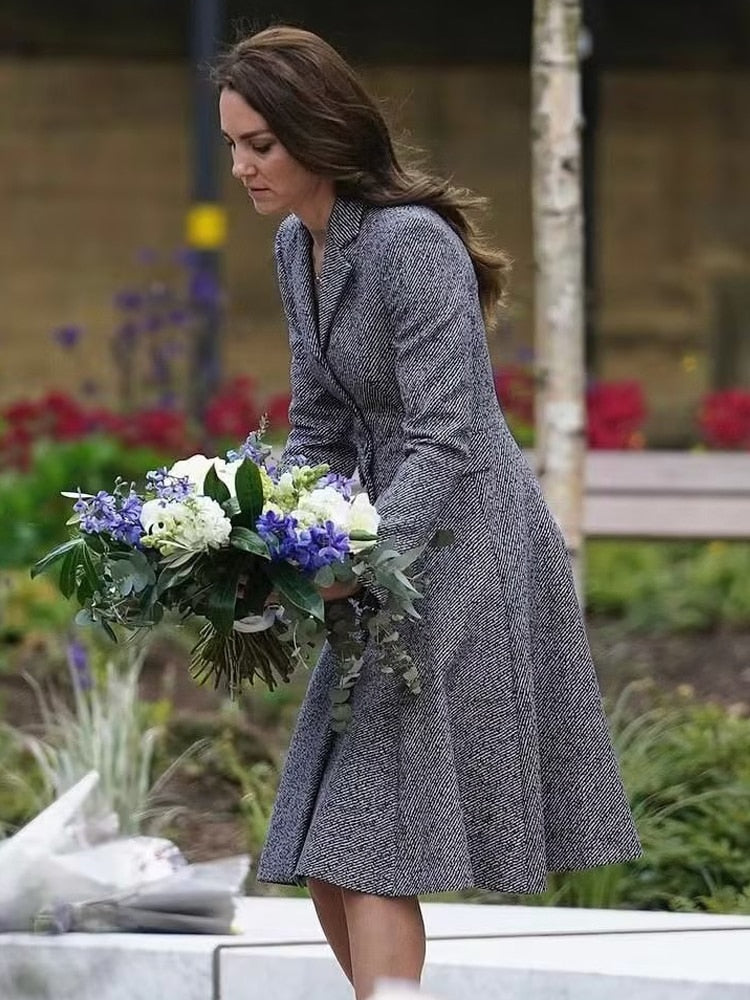 Kate Middleton Winter Tweed Fit Flare Coat Dress Dark Grey