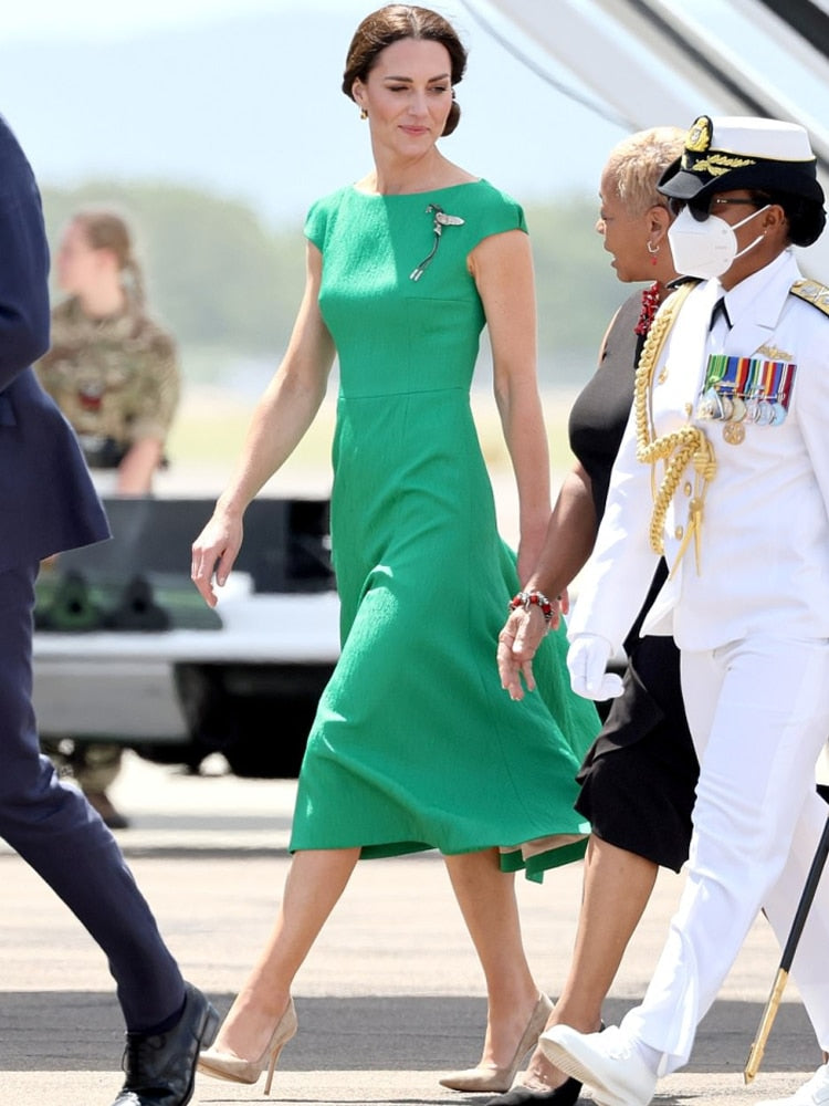 Kate Middleton Apple Green Summer Fit Flare Midi Dress Wimbledon Style