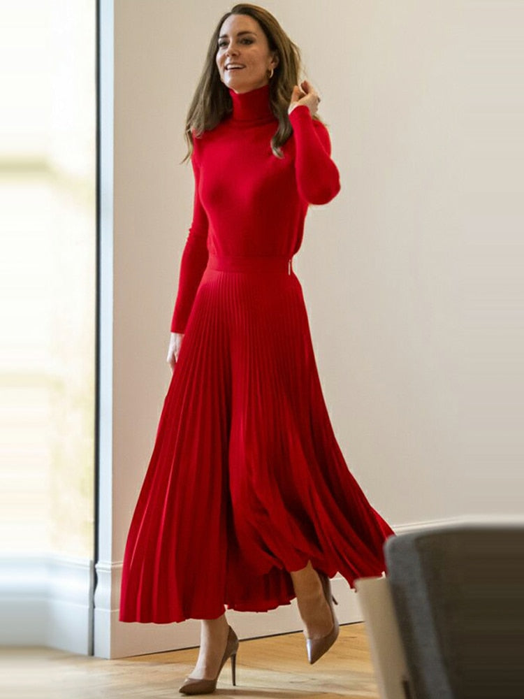 Kate Middleton Red Turtleneck Sweater & Pleated Midi Skirt Outfit