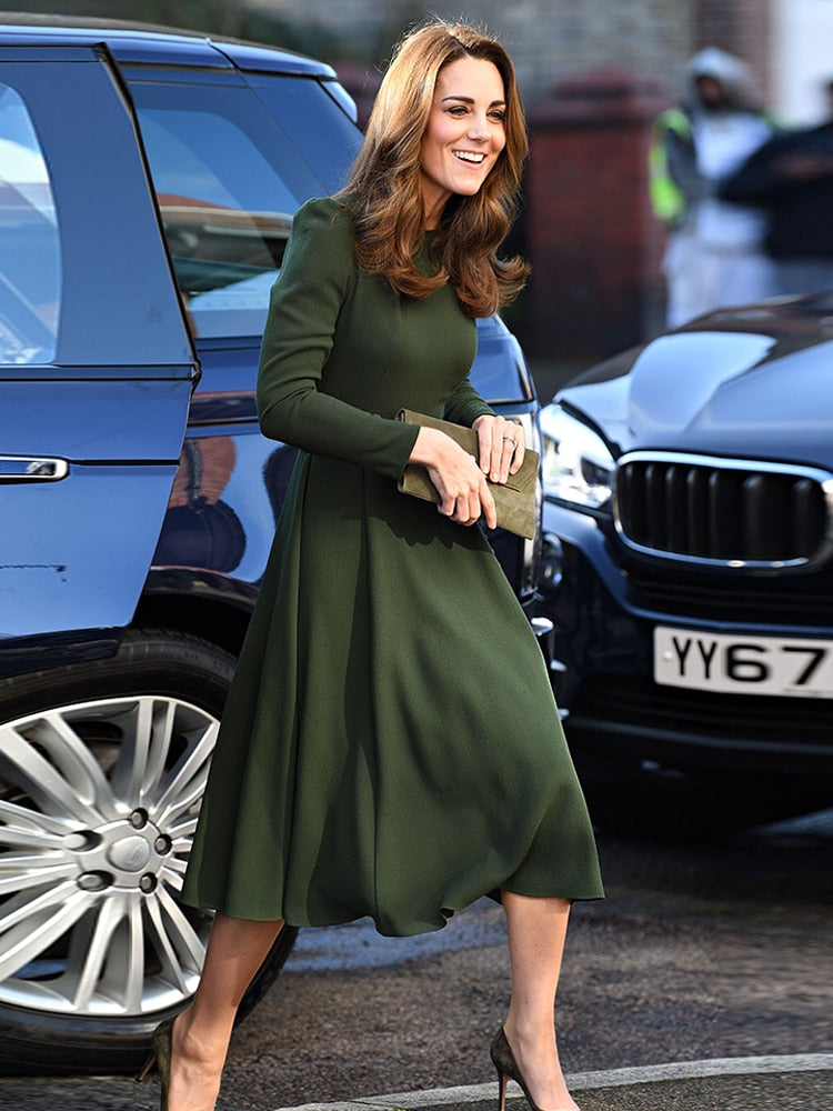 Kate Middleton Dark Forest Green Autumn Winter Fit Flare Long Sleeve Midi Dress