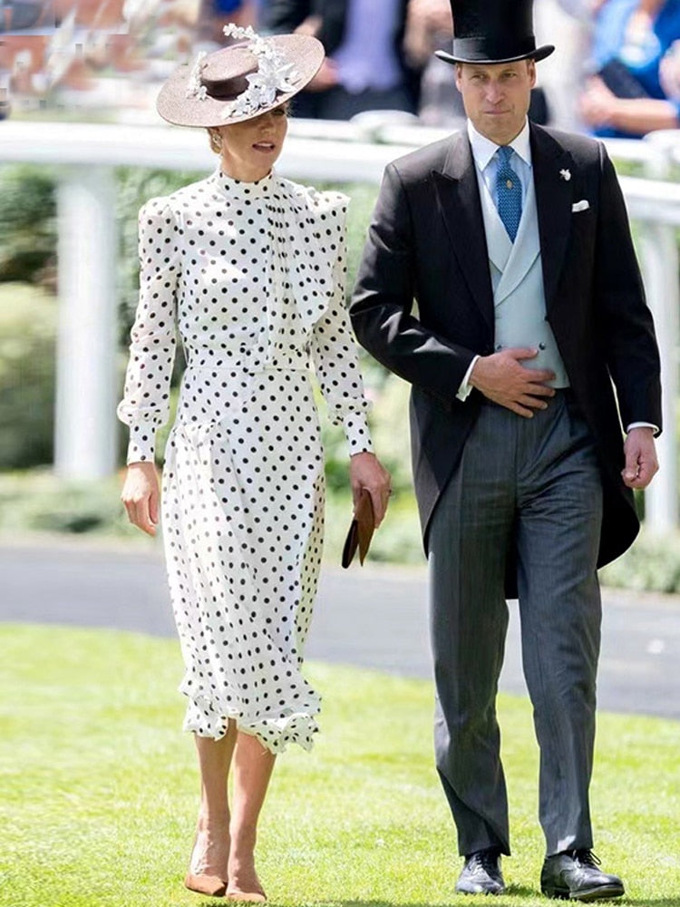 Kate Middleton Ascot Style White Black Polka Dot Midi Dress